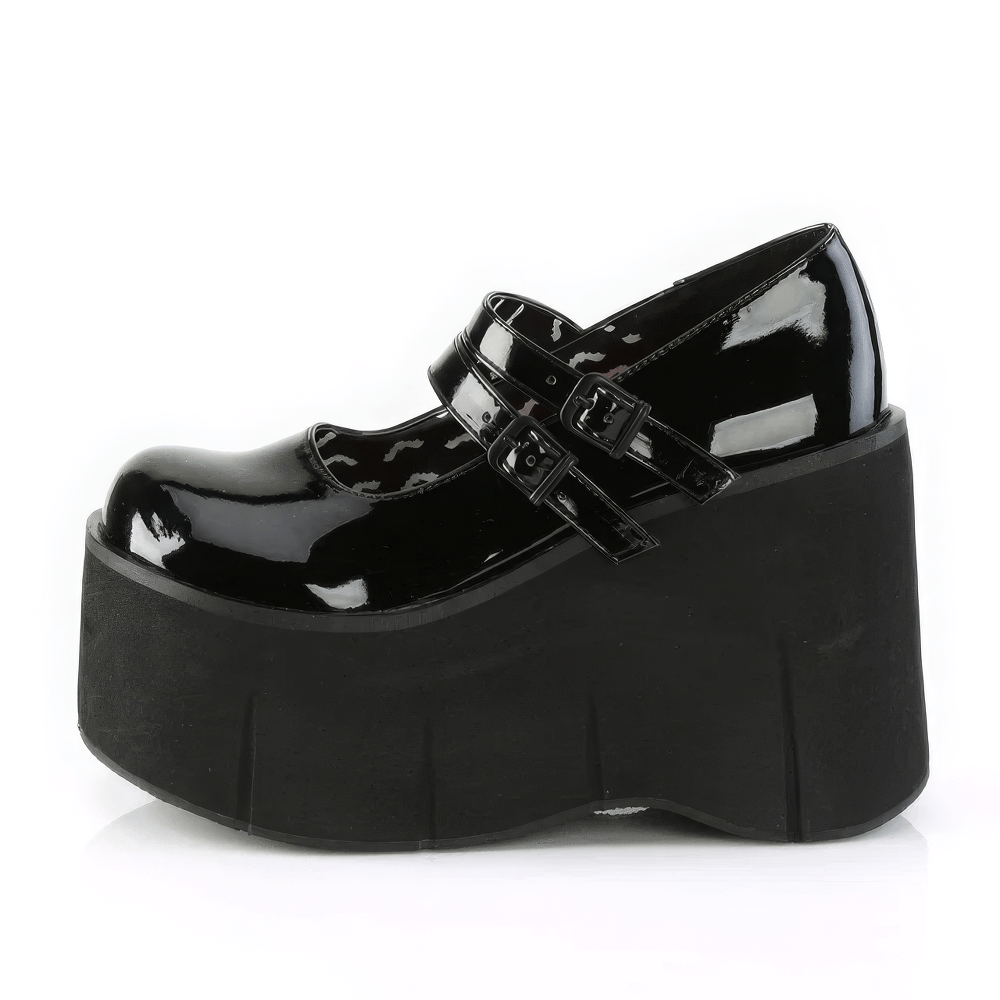 Demonia Black Patent Double-Strap Platform Mary Janes with 4.49-inch platform for edgy style and height boost.