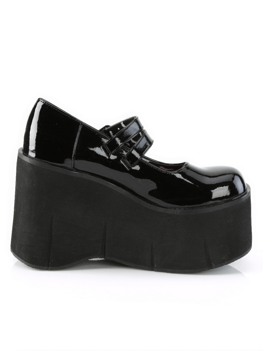 Demonia black patent double-strap platform Mary Janes with a 4.49-inch platform for a bold, edgy style.