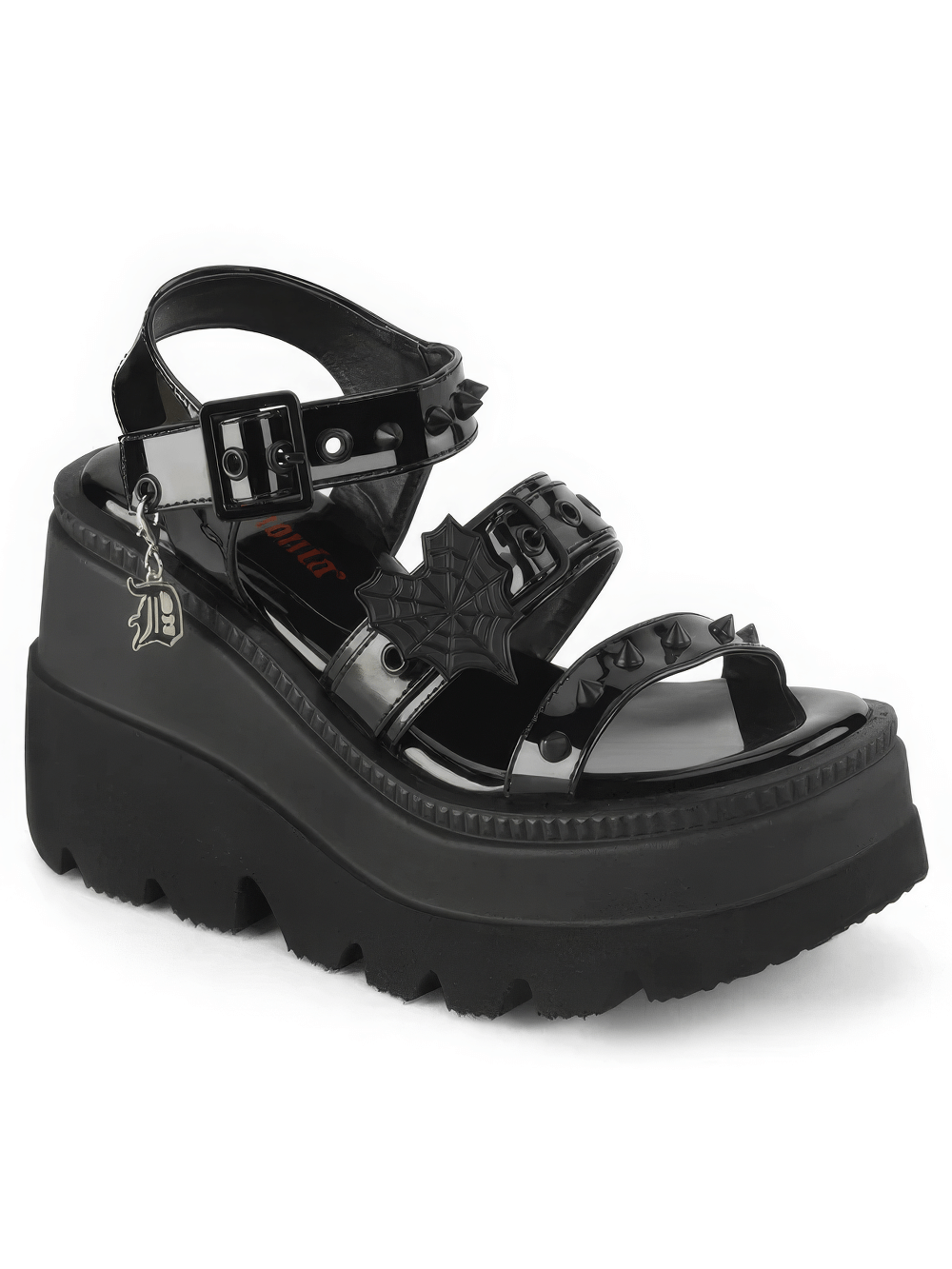 DEMONIA Black Patent Platform Sandals with Buckle Straps