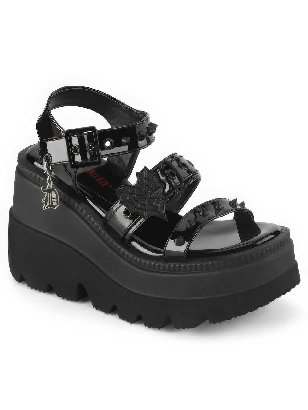 Dare to stand out in Demonia black patent platform sandals with cone studs and heart buckle charm.