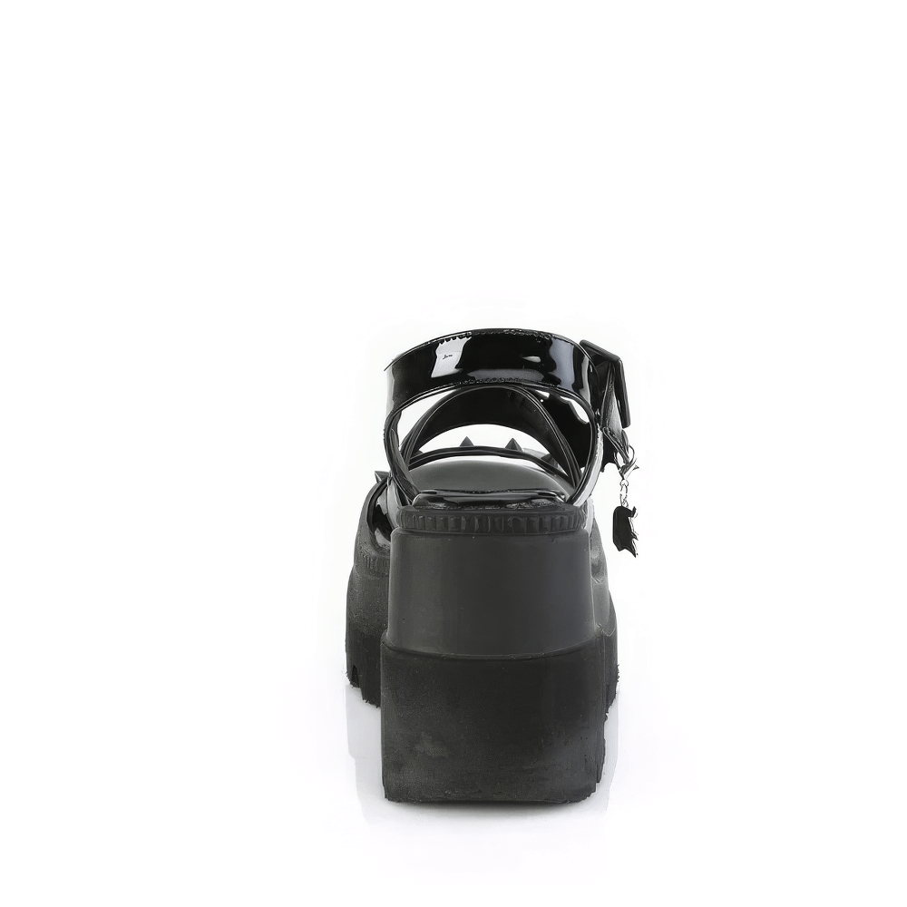 DEMONIA Black Patent Platform Sandals with Buckle Straps
