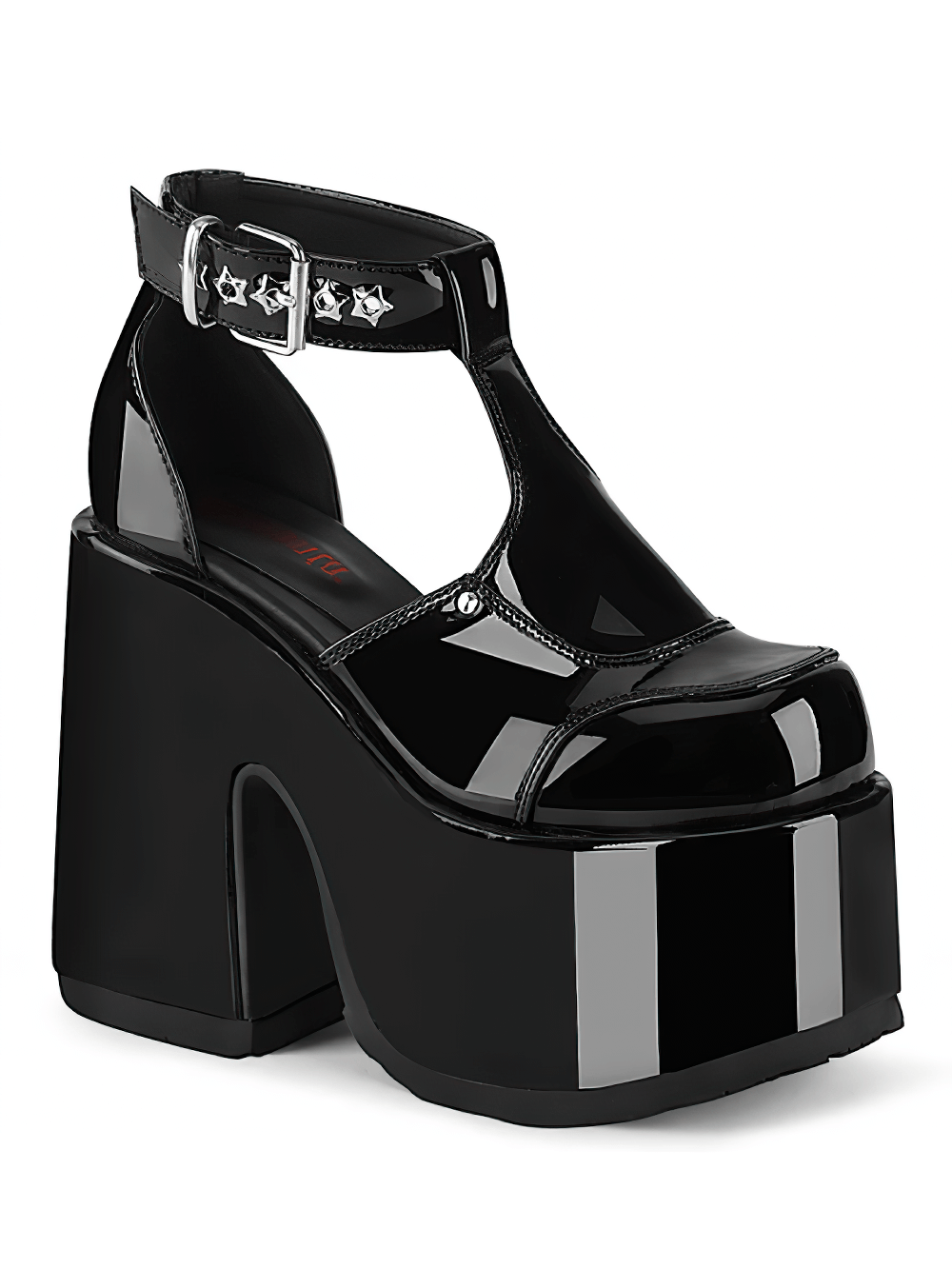 DEMONIA Black Patent T-Strap Shoes with Chunky Heel