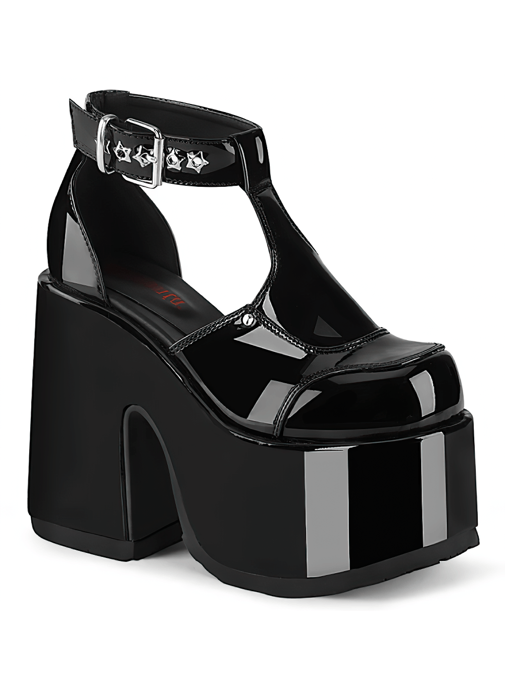 Demonia black patent T-strap shoes with chunky heel and silver star eyelets, perfect for edgy fashion lovers.