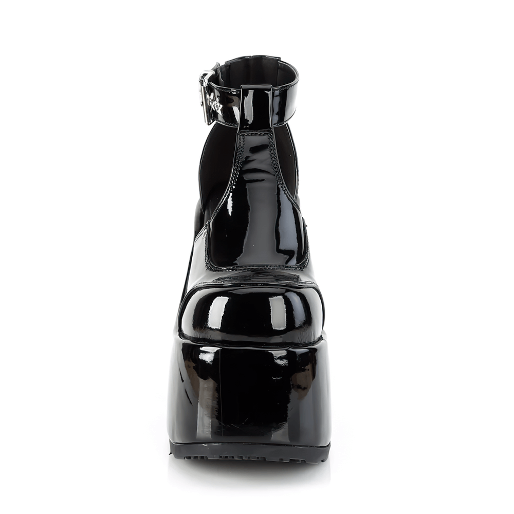 Front view of Demonia black patent T-strap shoes with chunky heel and star eyelets, perfect punk rock fashion.