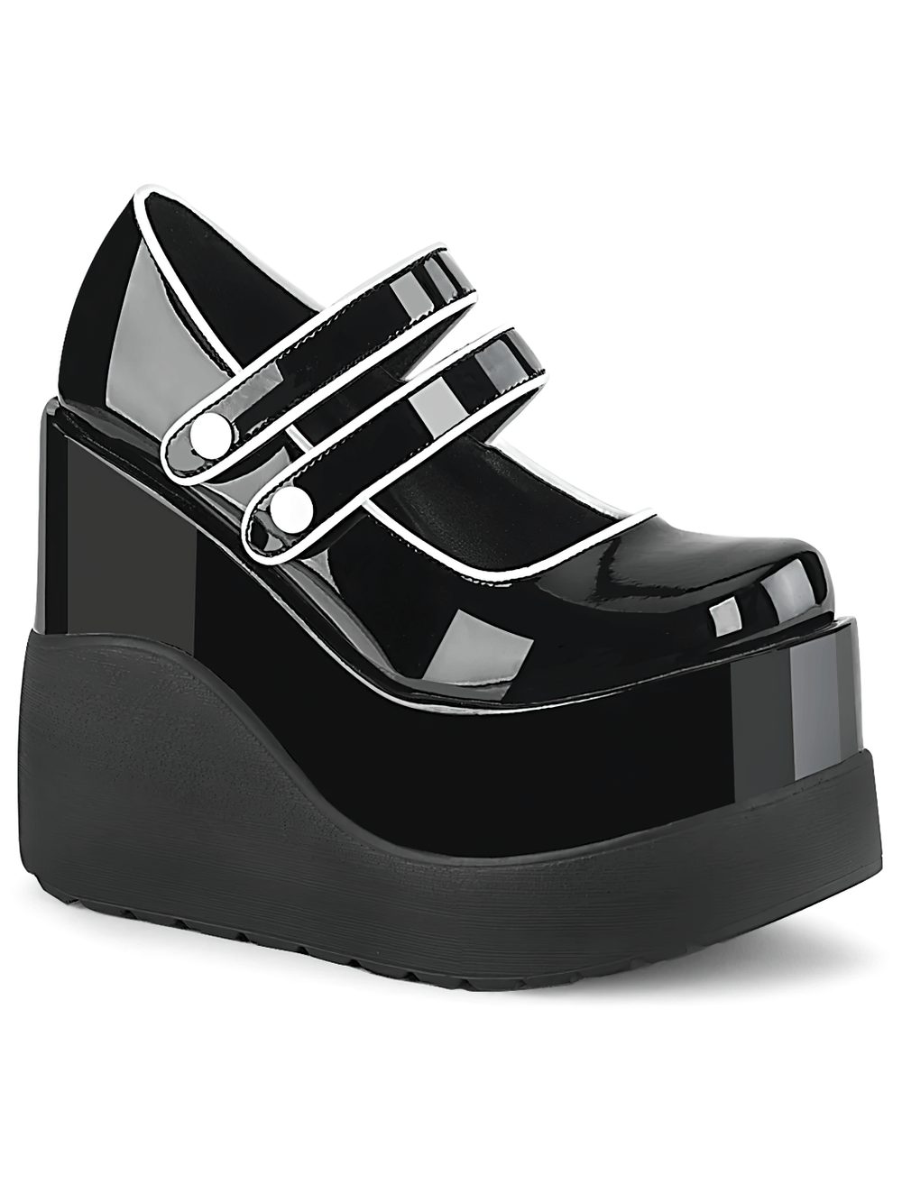 Demonia black patent wedge platform Mary Jane shoes with double straps and shiny finish.