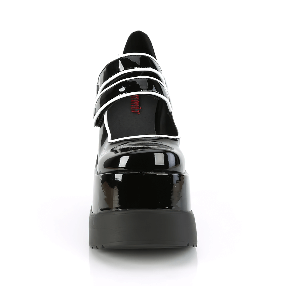 Demonia Black Patent Wedge Platform Mary Jane Shoes with double straps and shiny finish, front view.