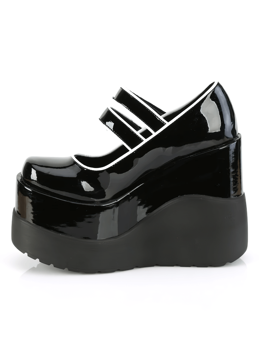 Demonia black patent wedge platform Mary Jane shoes with double straps and bold design.