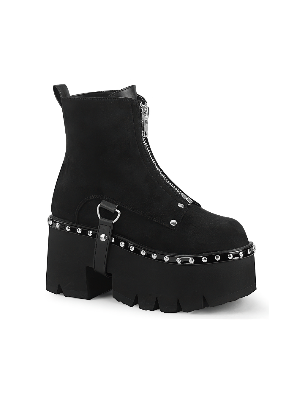 Demonia black vegan leather platform ankle boots with harness strap and silver studs, featuring chunky 3.5" heel and industrial zip.