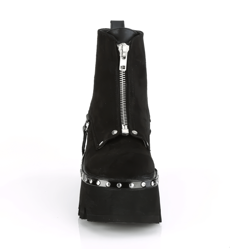 Demonia black platform ankle boots with harness strap and silver studs, showcasing a bold front zip design.