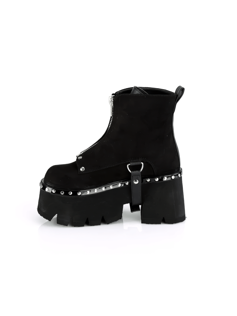 DEMONIA Black Platform Ankle Boots with Harness Strap