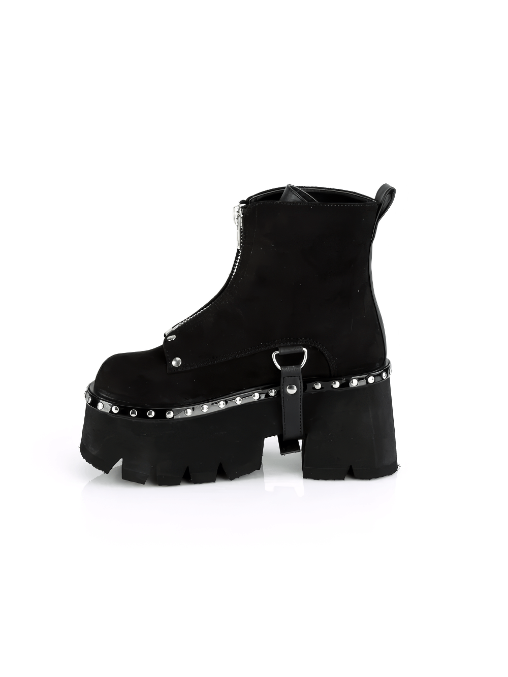 Demonia black platform ankle boots with harness strap and silver studs, featuring a chunky heel and metal zip closure.