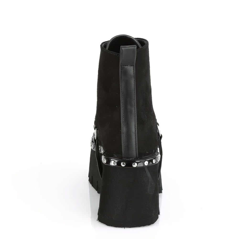 Back view of DEMONIA black platform ankle boots with harness strap and silver studs, showcasing stylish vegan leather design.
