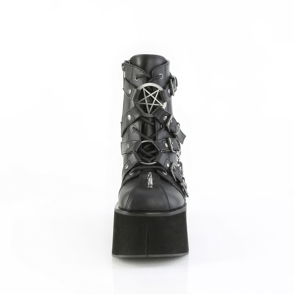 Bold Demonia black platform ankle boots featuring pentagram, chains, and metal spikes for a fierce style.