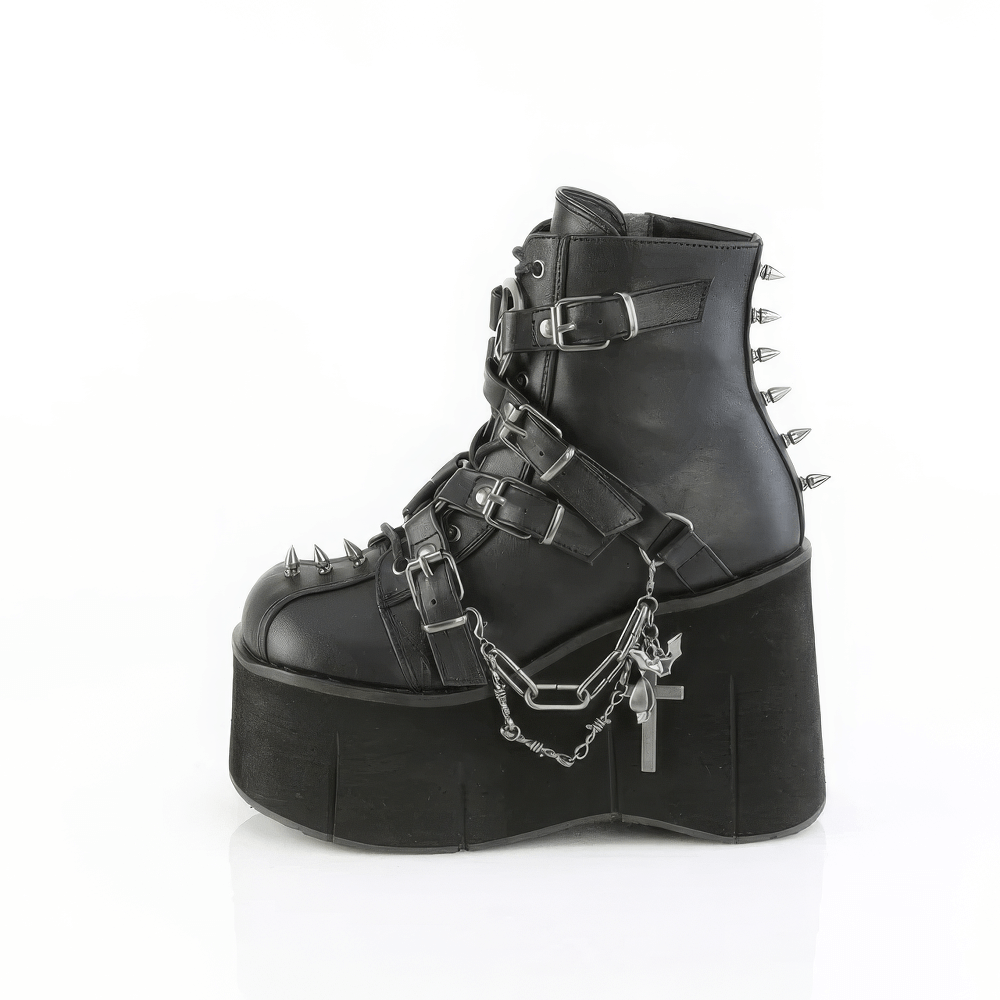 Demonia black platform ankle boots with pentagram, chains, and metal spikes for a fierce look.