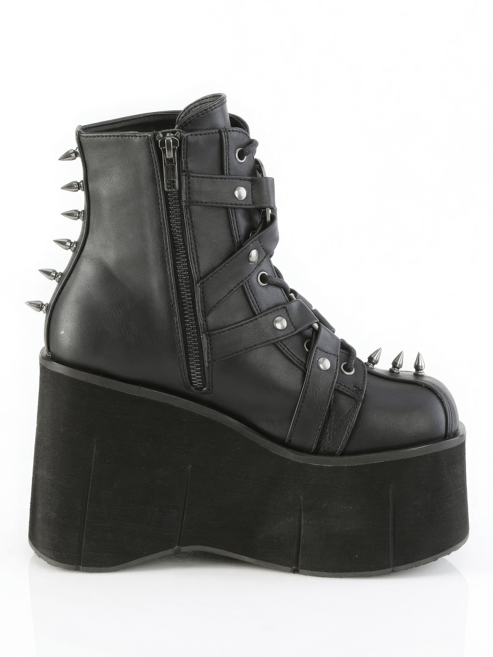 Demonia black platform ankle boots with pentagram, spikes, and chains, showcasing bold fashion style.