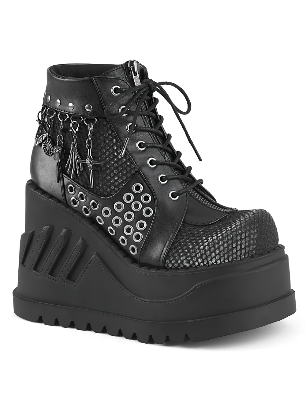 Demonia black platform booties with fishnet overlay, eyelets, and charms, featuring a bold 4.75-inch wedge heel.