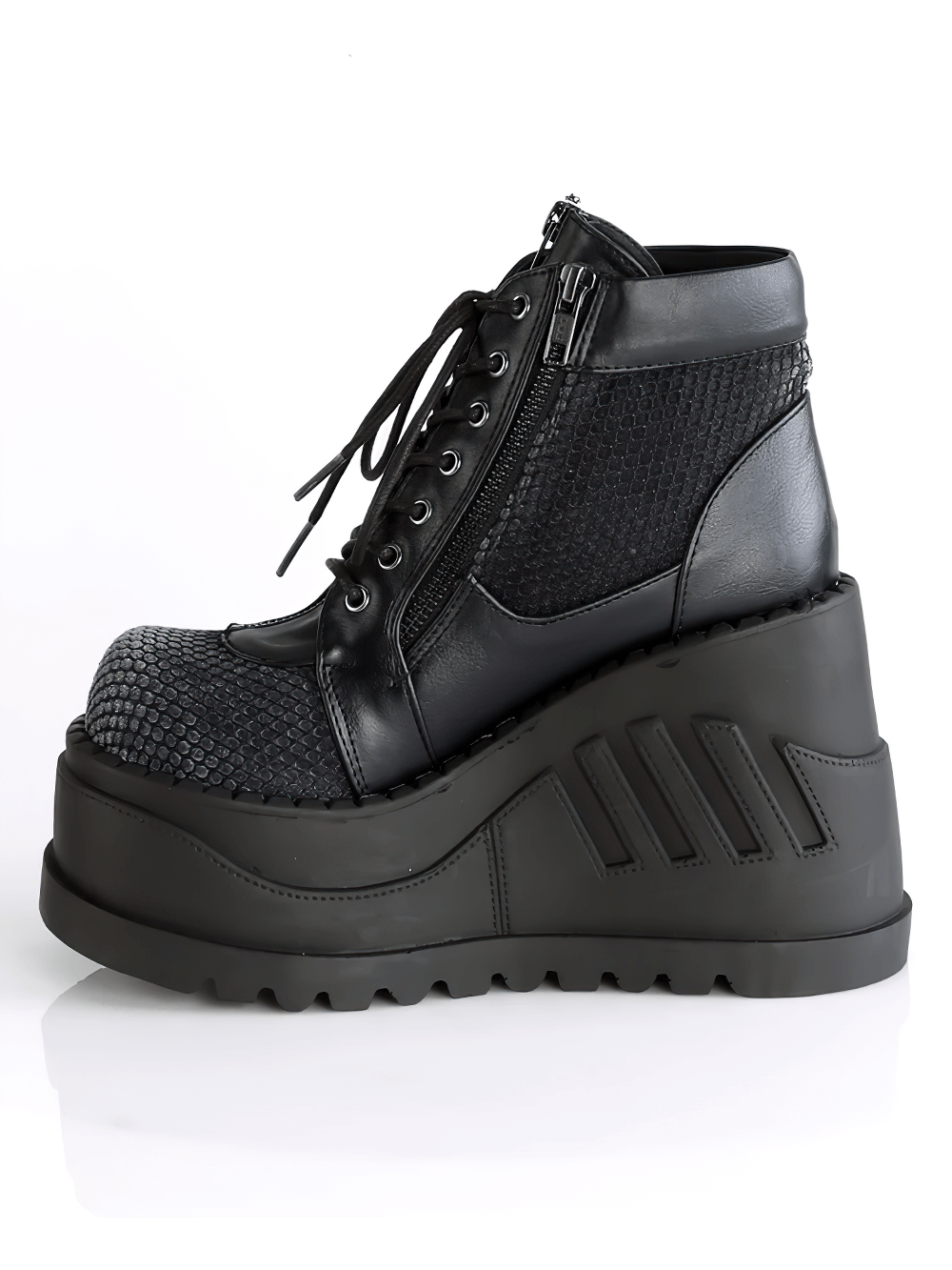 Demonia black platform booties with lace-up design, fishnet overlay, and chunky wedge heel for edgy fashion.