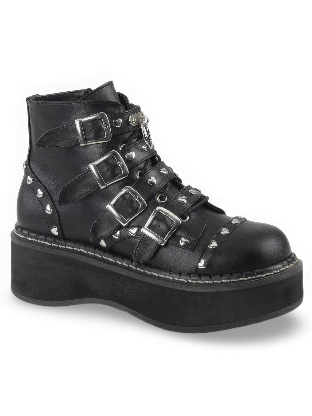 Demonia black platform ankle boots with buckle straps and heart studs, featuring a stylish 2" platform.