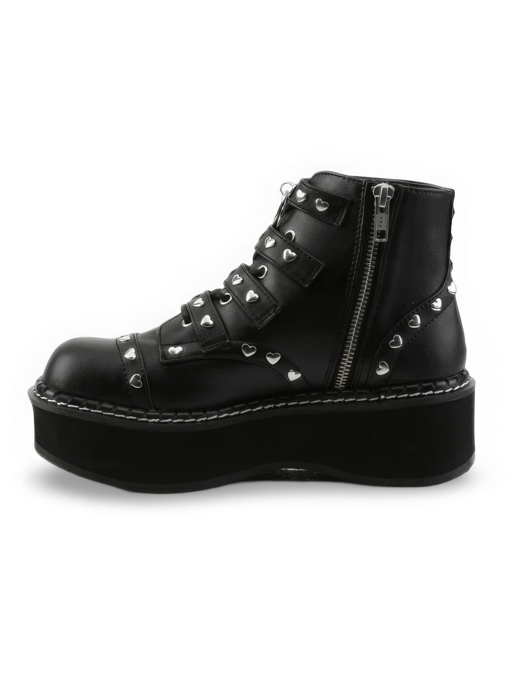 Black platform ankle boots with heart studs and buckle straps, featuring a shiny O-ring and durable vegan leather.