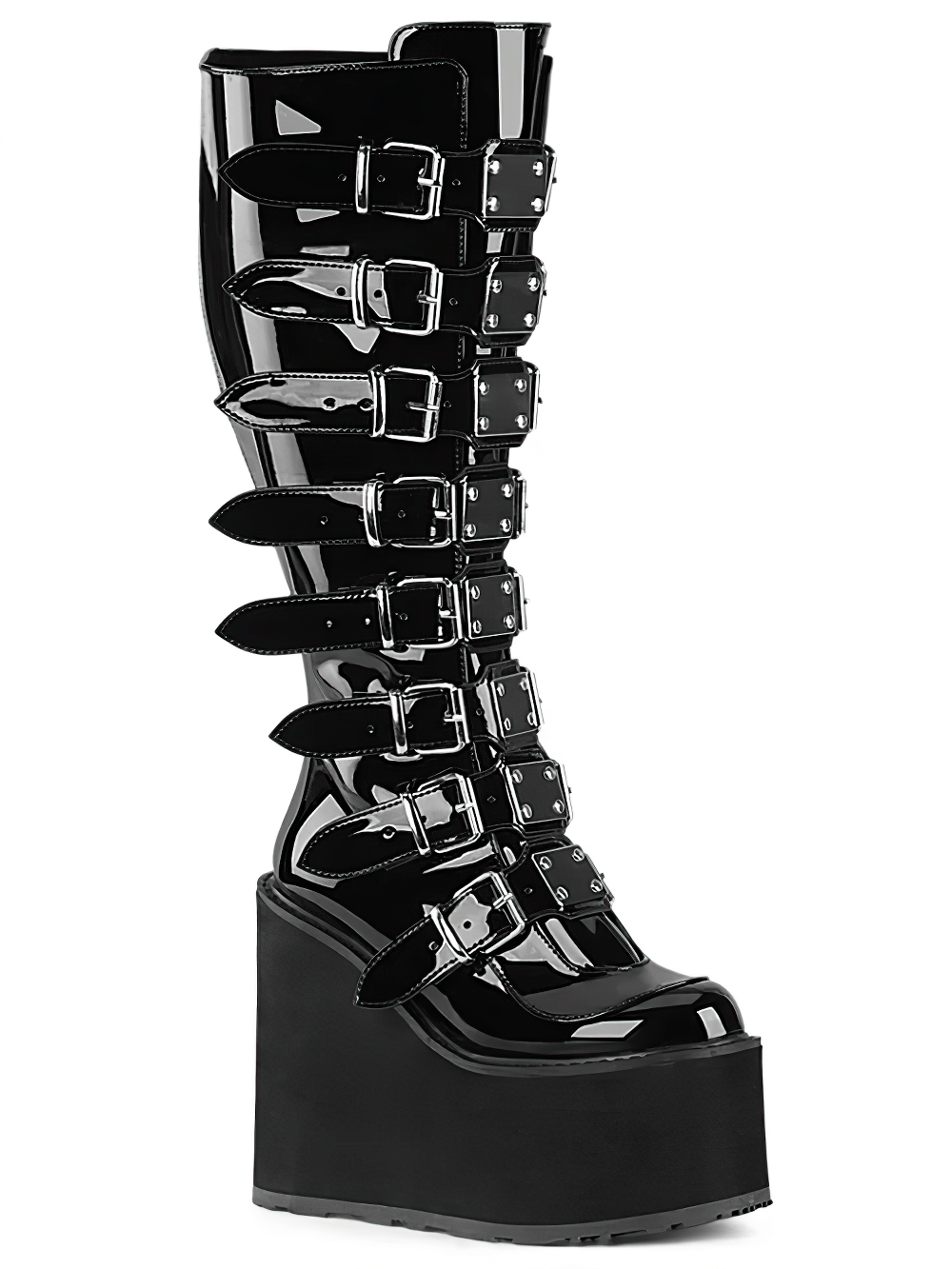 Demonia black platform calf knee-high boots featuring eight buckle straps and a wide calf design for bold style.