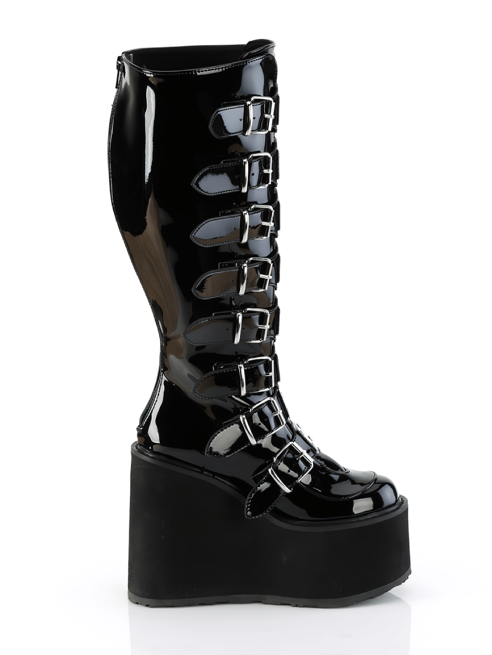 DEMONIA Black Platform Calf Knee-High Boots with Buckle Straps