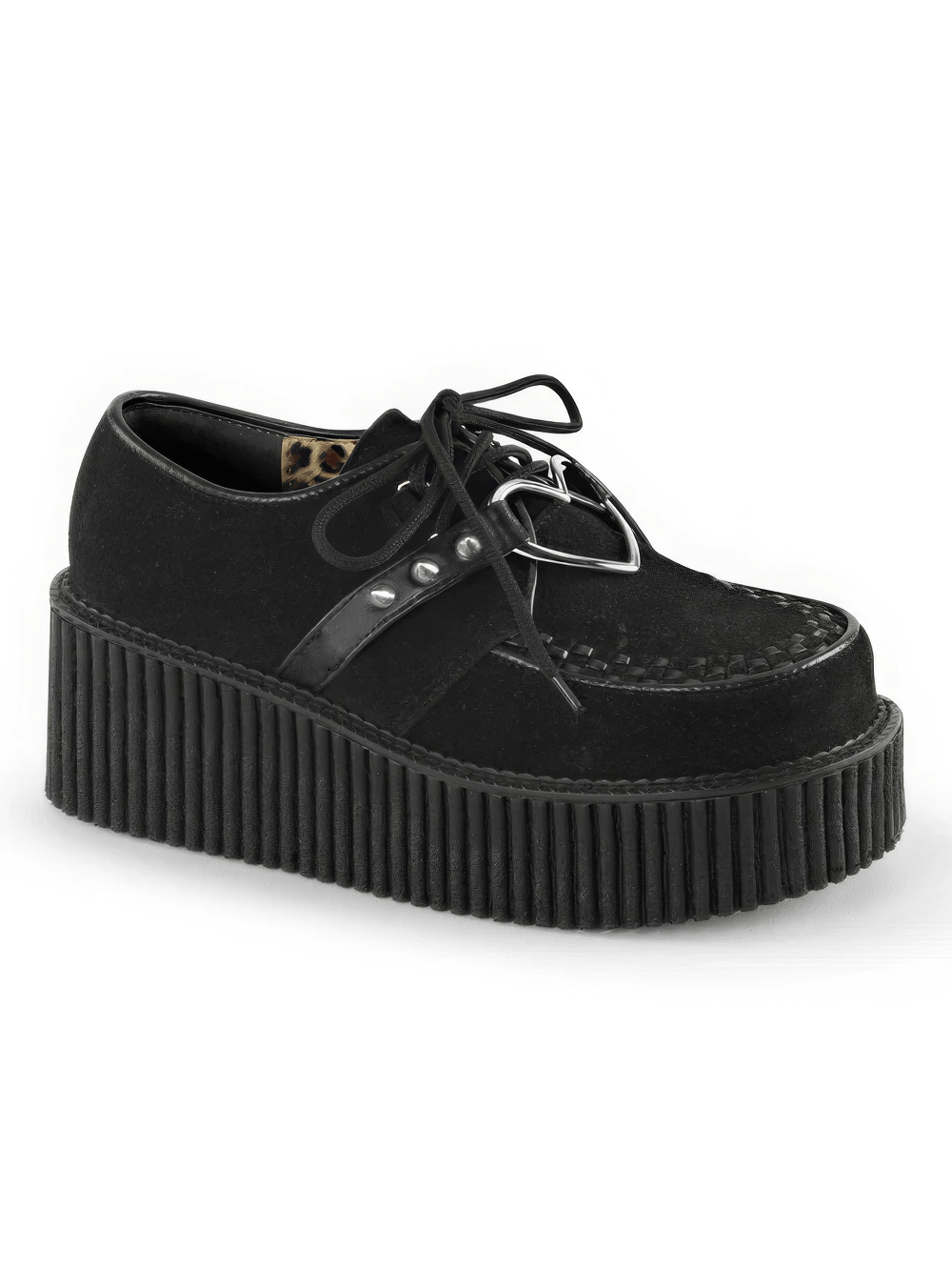 Daring black platform creepers with heart O-ring and studded straps, perfect for edgy fashion lovers.