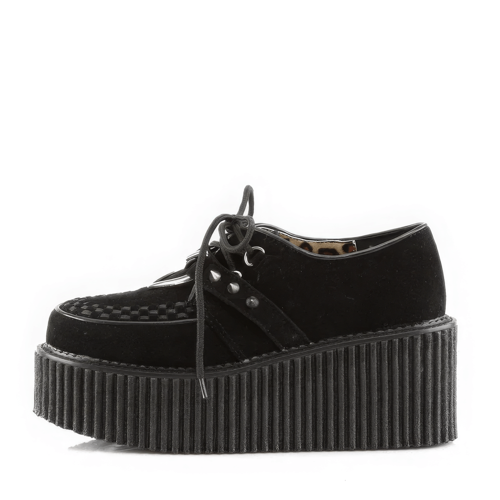 Daring black platform creepers with heart O-ring and studded detail, featuring a 3-inch platform for bold style.