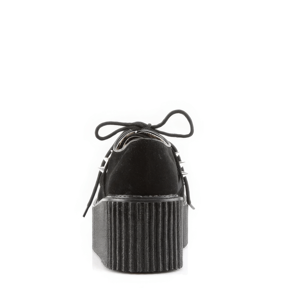 Back view of Demonia black platform creepers with studded details and heart O-ring, perfect for edgy style.