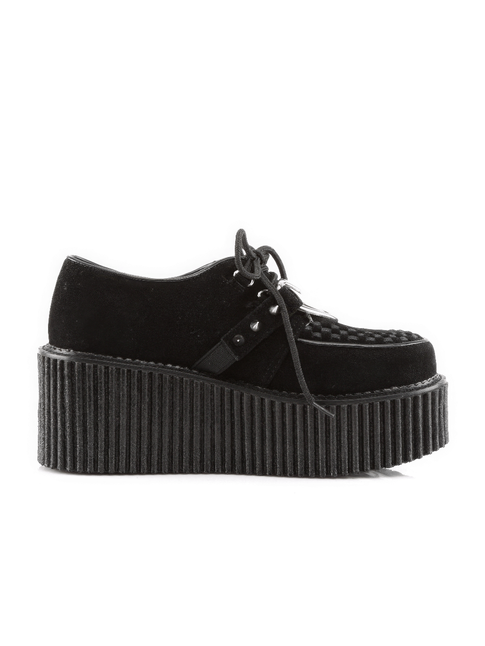 Bold black platform creepers with heart O-ring and studded detail, perfect for edgy fashion lovers.