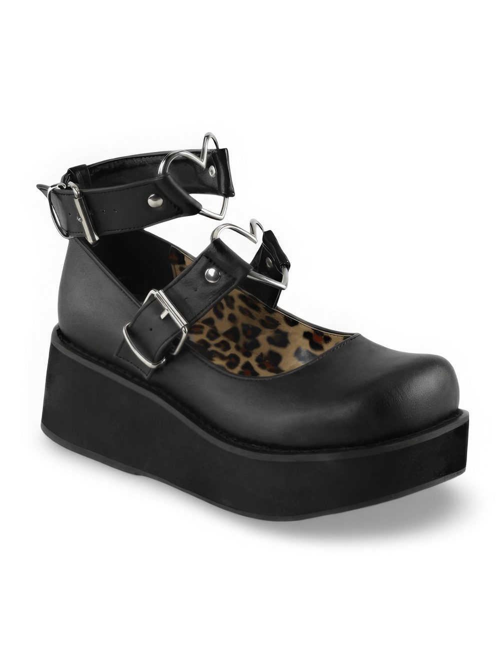 Demonia black platform Mary Jane shoes with heart O-rings and leopard print lining, perfect for stylish comfort.
