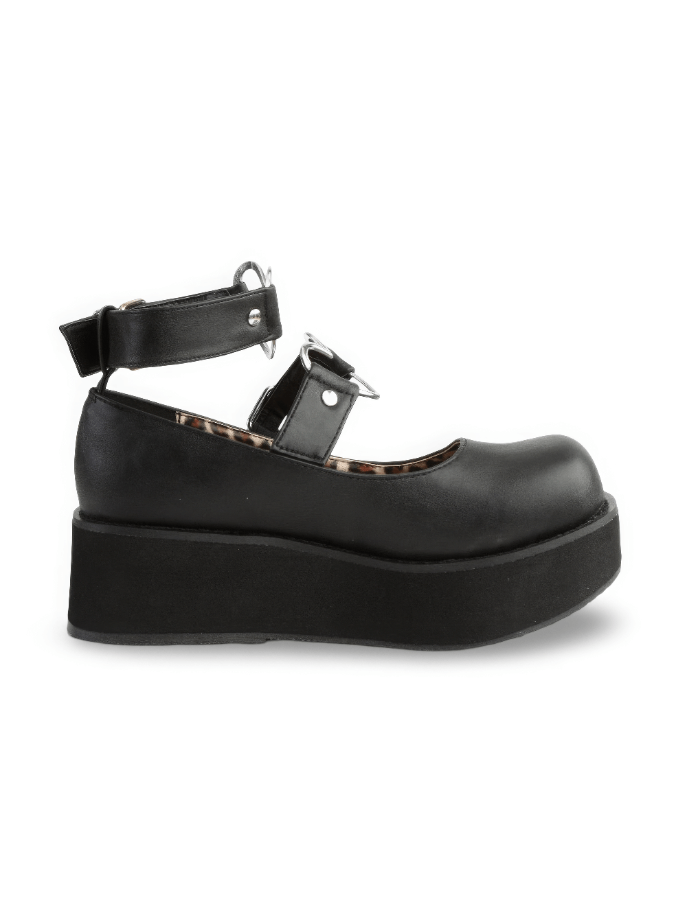 Stylish Demonia black platform Mary Jane shoes with heart o-rings and ankle straps, perfect for any edgy outfit.