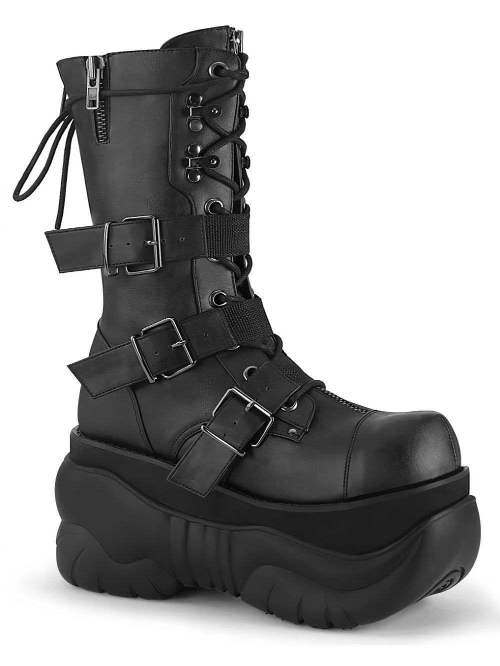 Demonia black mid-calf platform boots with buckle straps and zipper accents, perfect for edgy fashion statement.