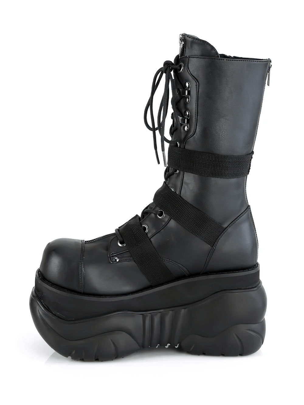 Demonia black platform mid-calf boots with buckle straps and zipper accents, perfect for edgy fashion statements.