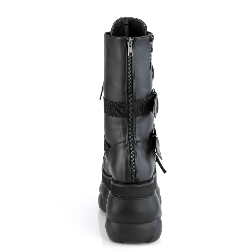 DEMONIA Black Platform Mid-Calf Boots with Buckle Straps