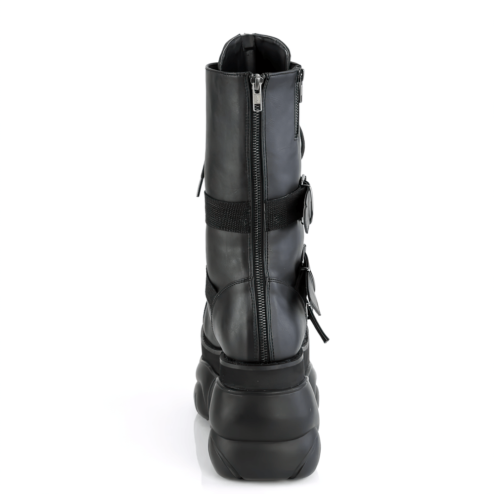 Demonia black platform mid-calf boots with buckle straps and zipper accents, showcasing a sleek back view.