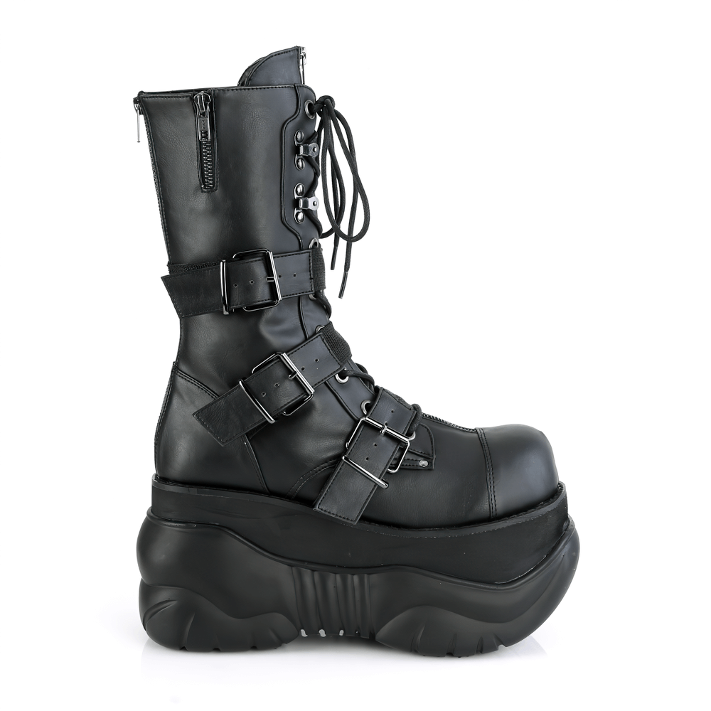Demonia black platform mid-calf boots featuring buckle straps and zipper accents, perfect for a bold, edgy look.