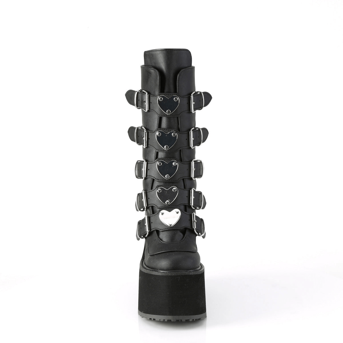 Demonia black platform mid-calf boots with heart buckles, featuring five buckle straps and a striking 5.5" platform.