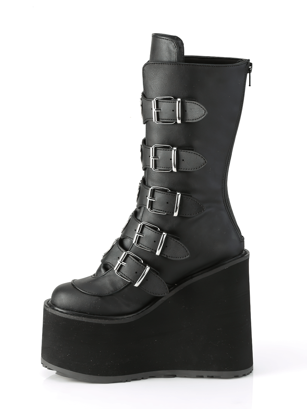 Demonia black platform mid-calf boots with heart buckles and five straps, featuring a stylish 5.5-inch platform.