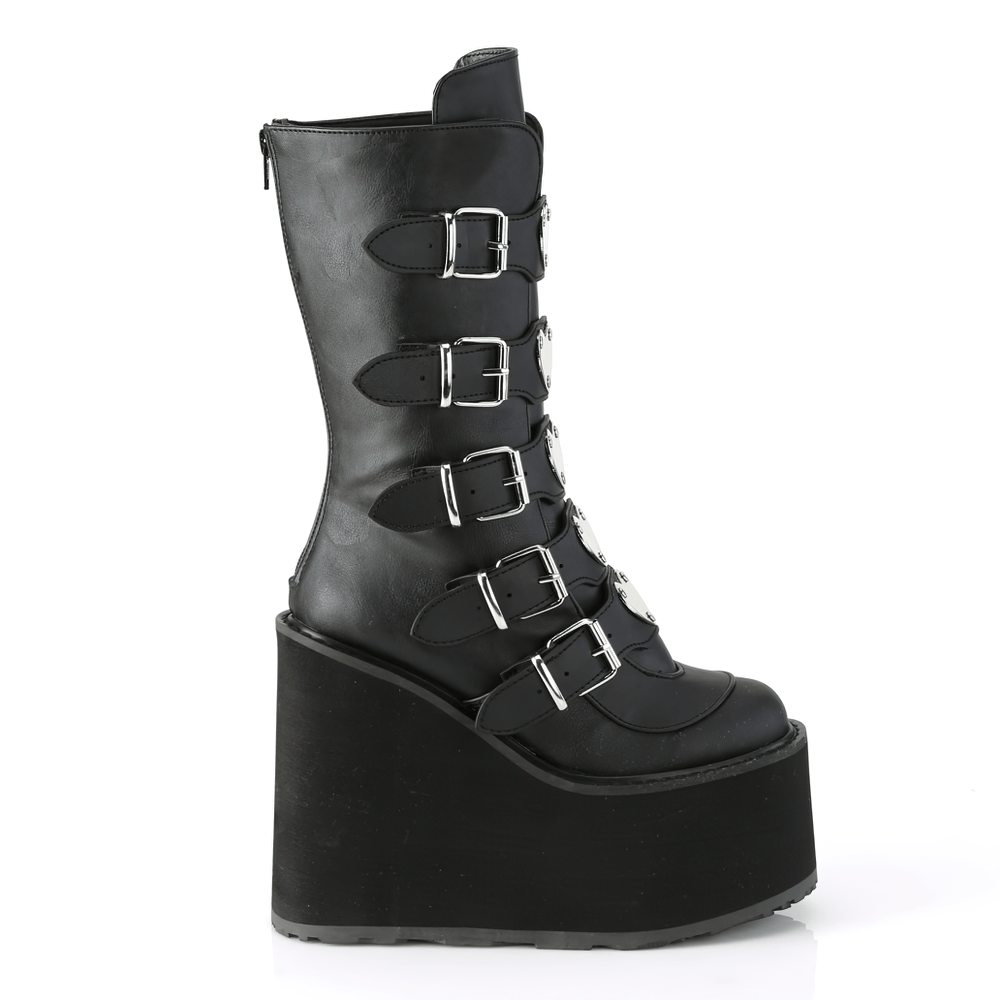 DEMONIA Black Platform Mid-Calf Boots with Heart Buckles