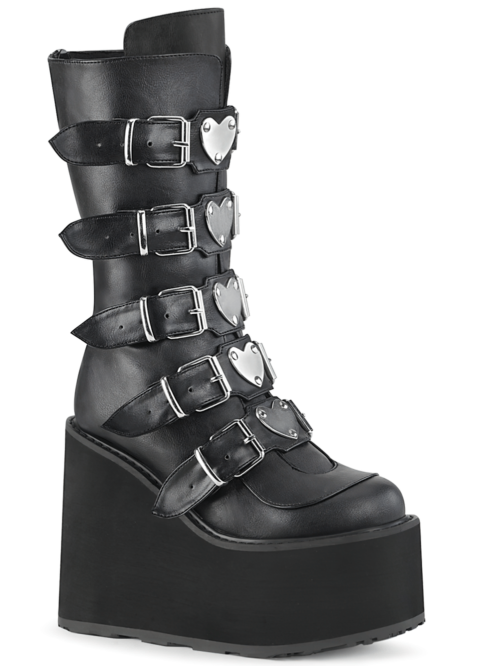 Demonia black platform mid-calf boots with heart buckles and 5 1/2" platform, showcasing edgy style and attitude.