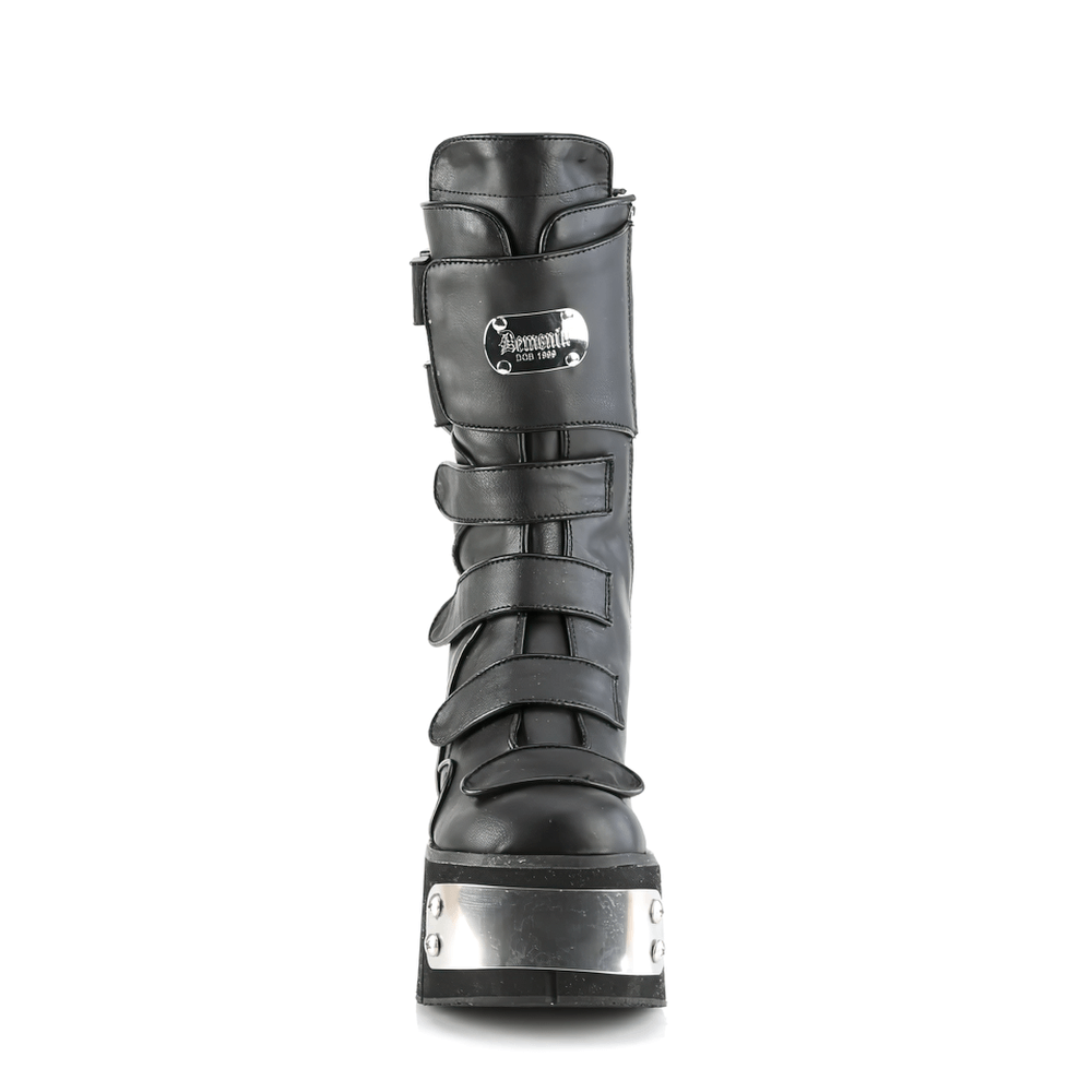 DEMONIA Black Platform Mid-Calf Boots with Metal Plates