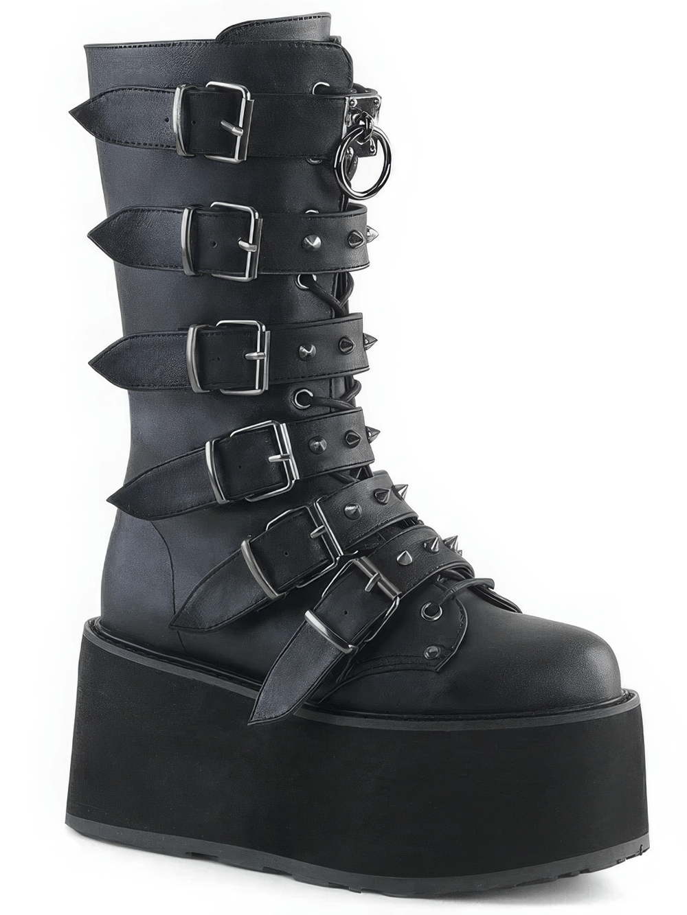Demonia black platform mid-calf boots with studded straps and buckles, showcasing punk style in vegan leather.