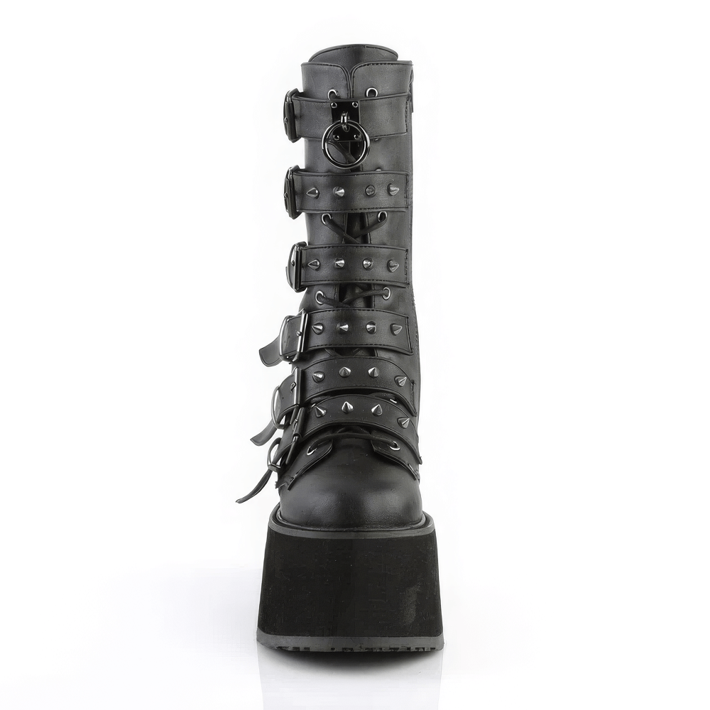 Stylish black mid-calf platform boots with studded straps and buckles, featuring a bold 3.5-inch platform and metallic accents.