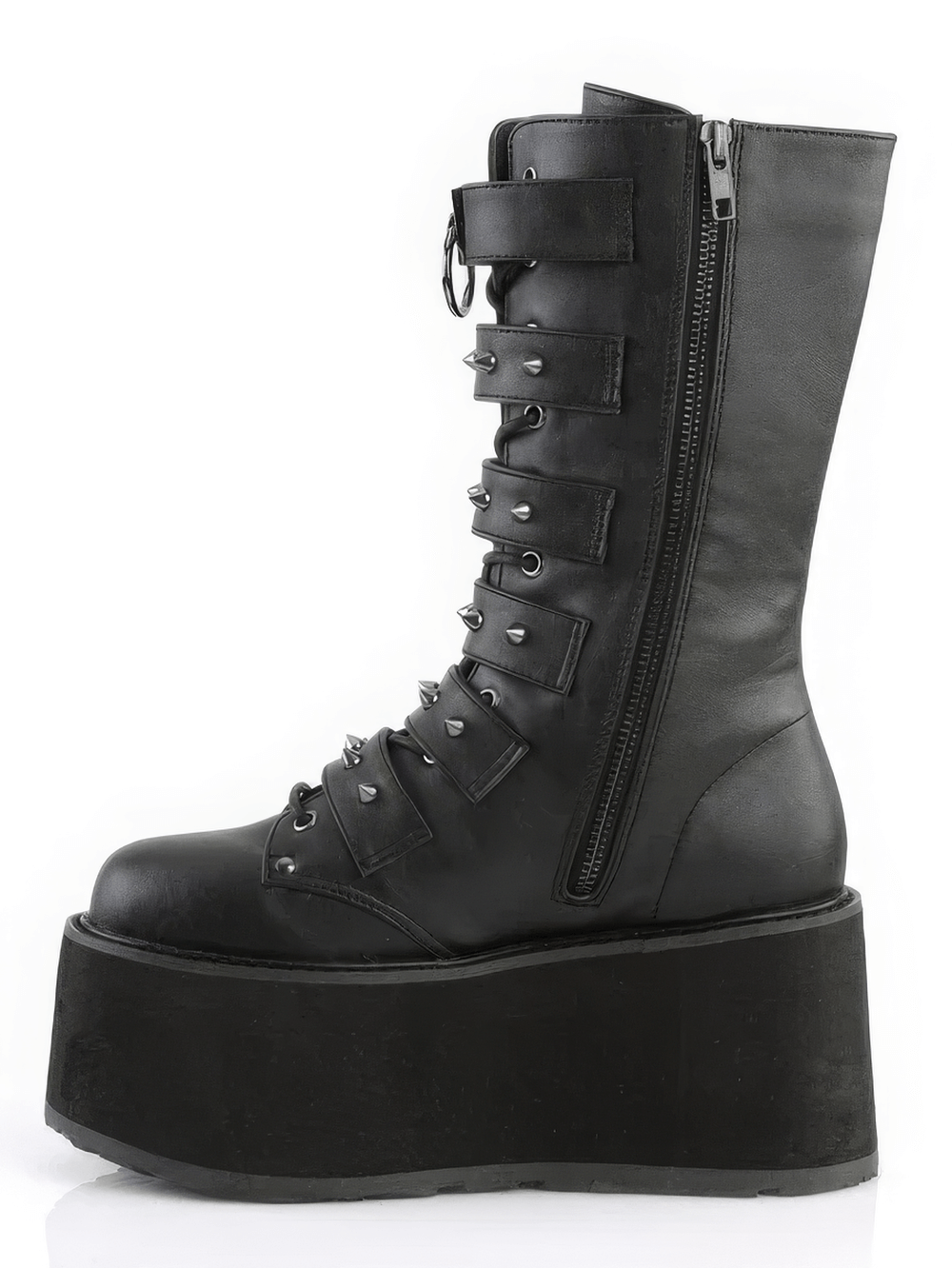 Demonia black mid-calf platform boots with studded straps and metal zipper, featuring a chunky platform for bold style.