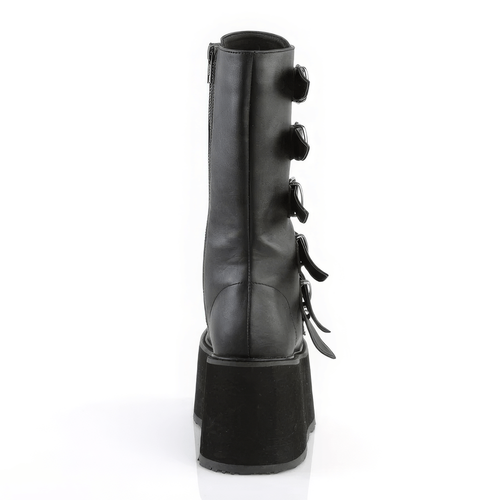 Back view of Demonia black platform mid-calf boots with studded straps, showcasing a sleek design and rugged style.