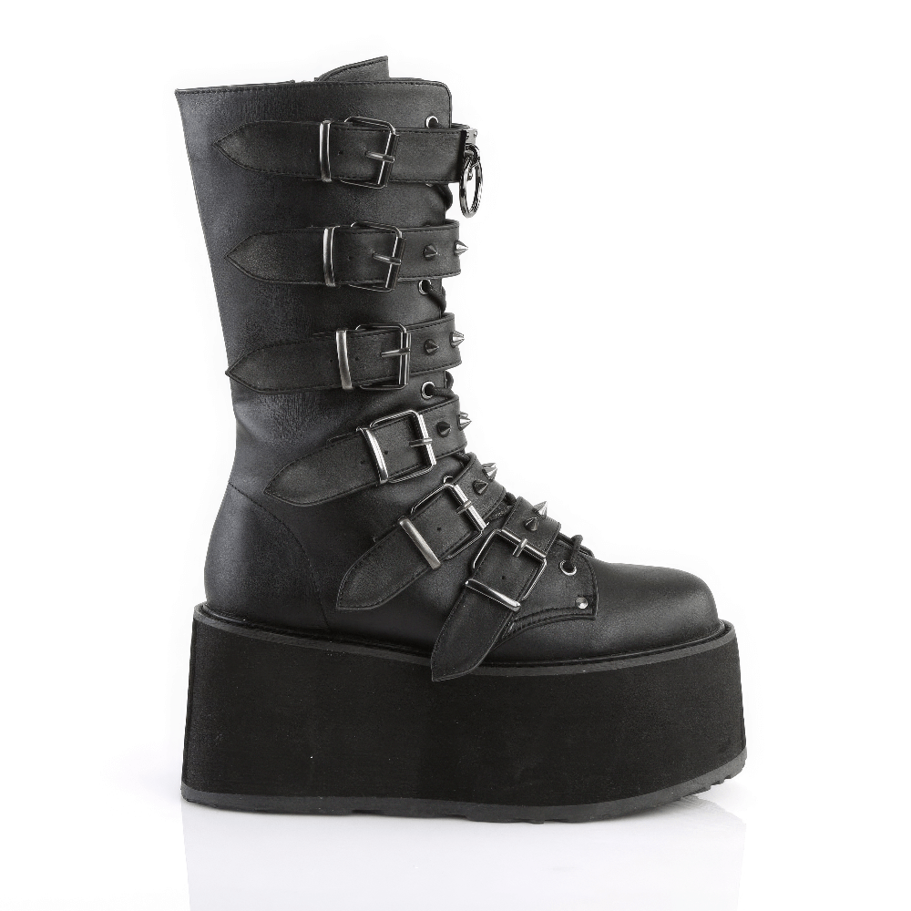 Demonia black platform mid-calf boots with studded straps and buckles, edgy vegan leather design.