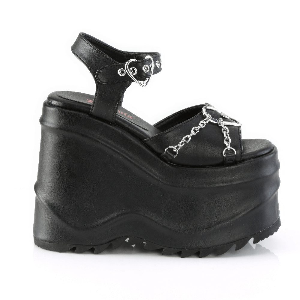 DEMONIA Black Platform Sandals with Heart Buckles