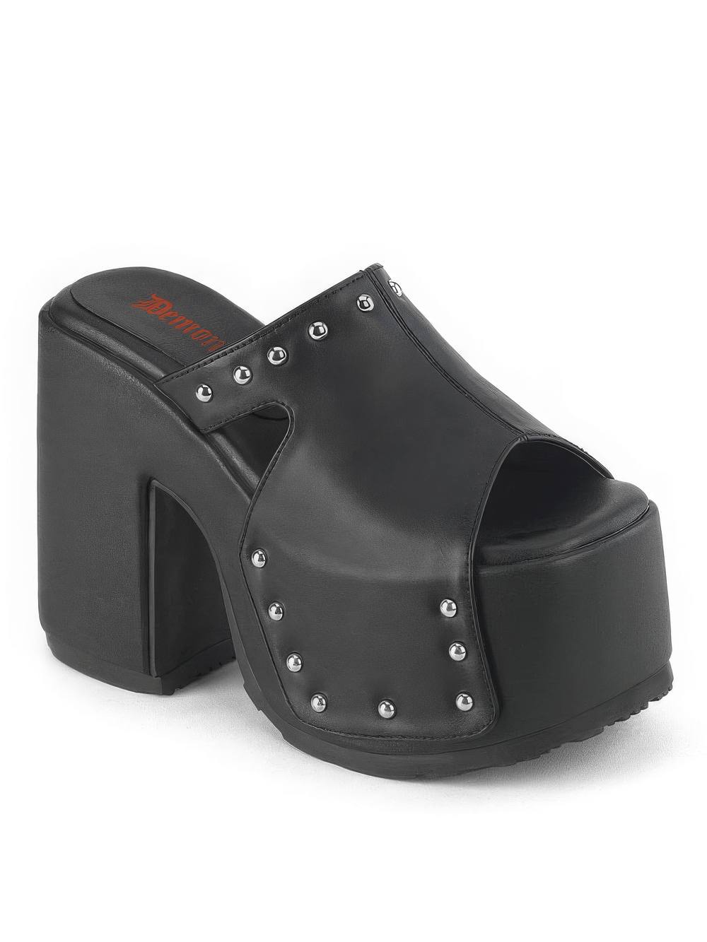DEMONIA Black Platform Slide Sandals with Studded Details