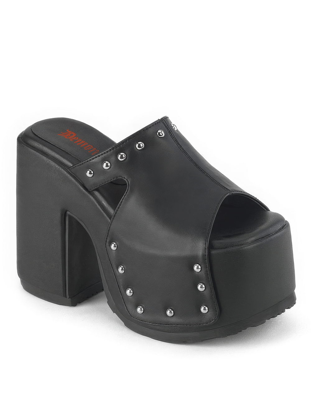 Demonia black platform slide sandals with stud details and chunky heel for bold fashion statement.