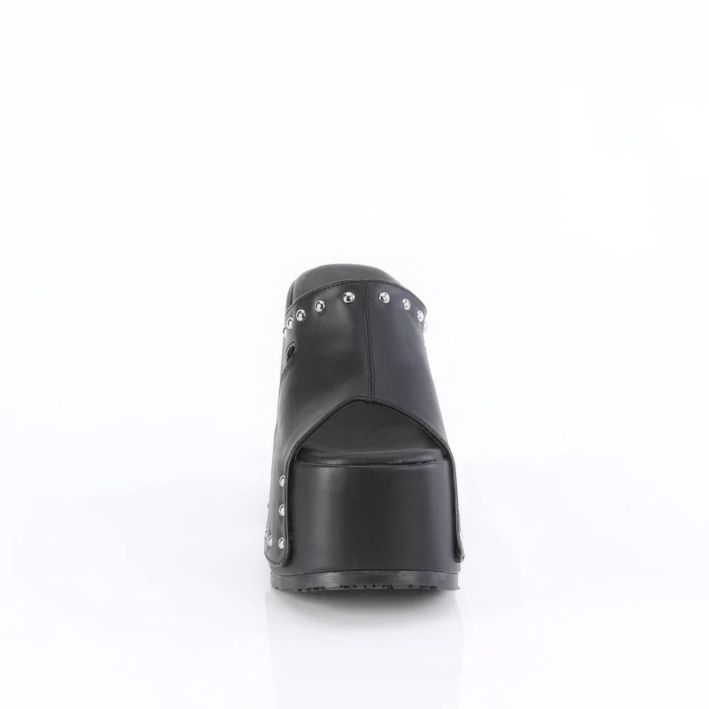 Back view of DEMONIA black platform slide sandals with studded details showcasing chunky heel stylish design.